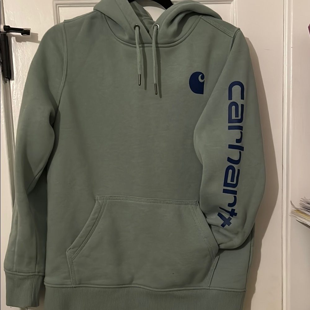 Carhartt women’s hoodie, sage green and navy blue